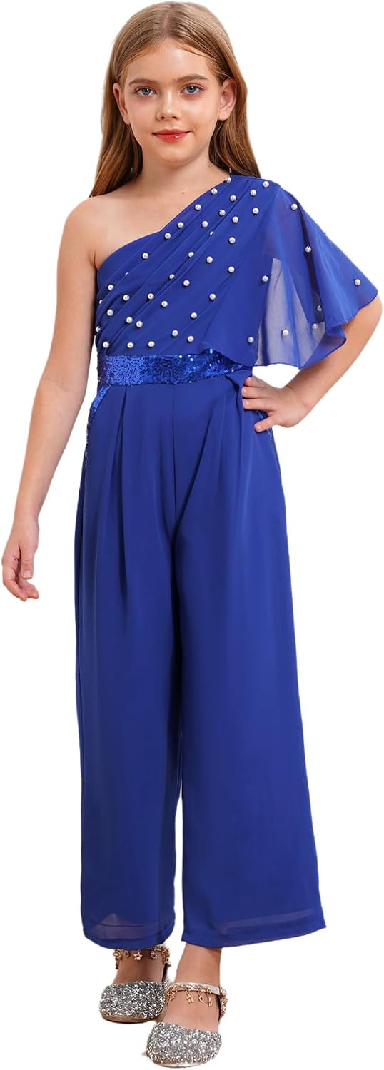 YiZYiF Girls Jumpsuit Summer Sequins One Shoulder Beaded Wide Leg Rompers One Piece Outfits with Pockets