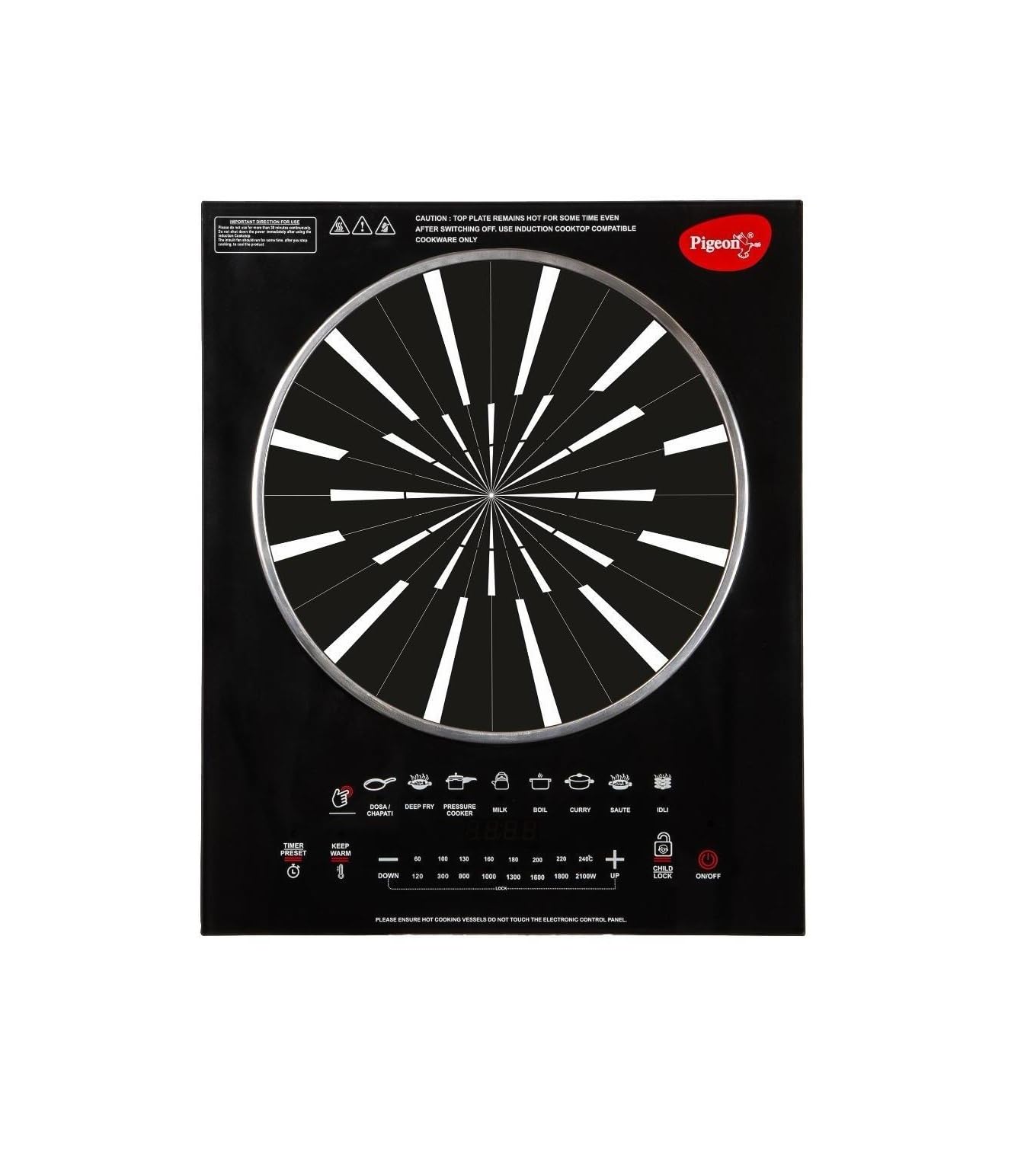 Pigeon Rapido Anti-Skid 2100-Watt Induction Cooktop with control panel and cooking surface visible