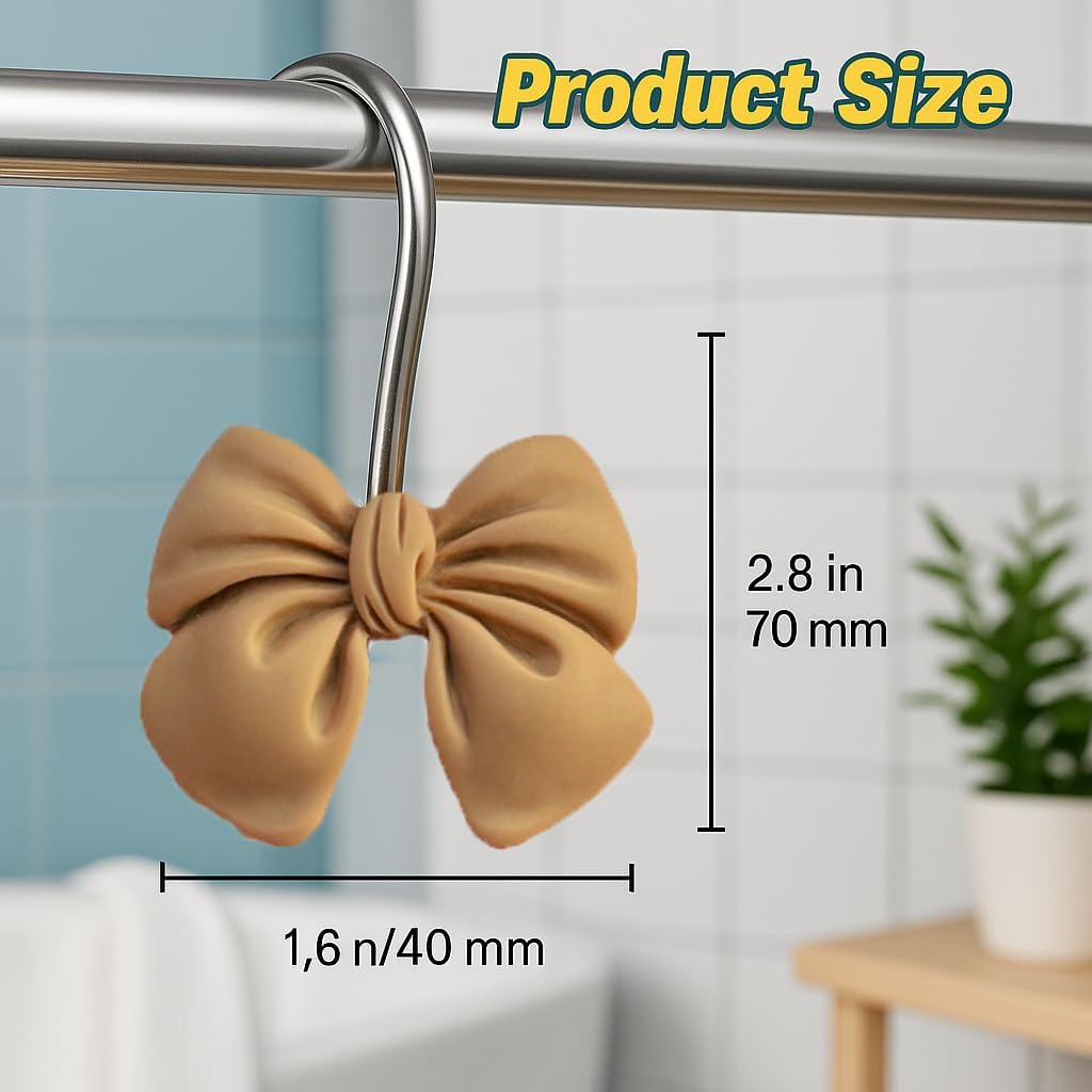 Brown Resin Bow Shower Curtain Hooks - 12 Pack for Bathroom, Decorative Bow Hooks image 2