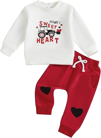 Mamas Boy Baby Clothes Toddler Long Sleeve Truck Heart Print Shirts with Red Pants 2Pcs Valentines Outfit