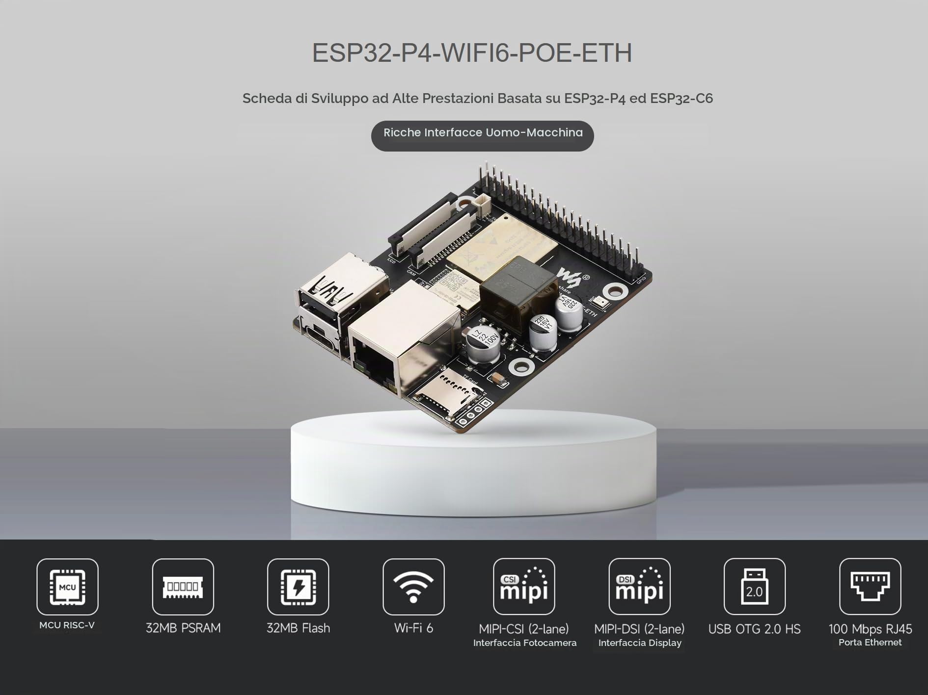 Kit scheda di sviluppo ESP32-P4-WIFI6-POE-ETH basato su ESP32-P4 e ESP32-C6, modulo PoE integrato, supporta Wi-Fi 6 e Bluetooth 5, con MIPI-CSI/DSI, USB OTG 2.0, porta Ethernet, ecc.