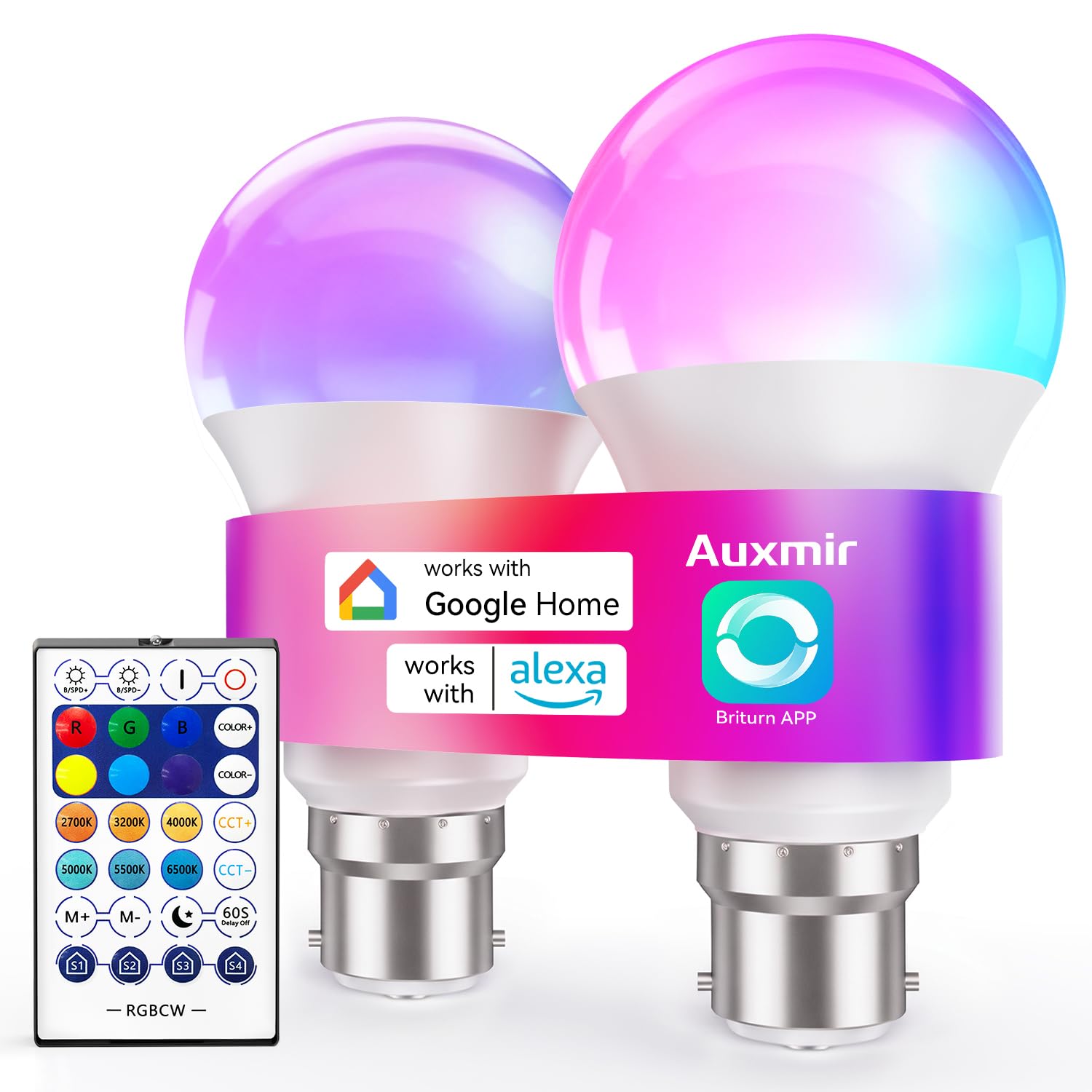 Auxmir Smart Bulb B22, LED Alexa Light Bulbs, 10W, 16 Million Colors, Music Sync, Dimmable, Work with WiFi Alexa, Google Assistant, DIY Modes, Schedule & Timer, App Voice Group Remote Control, 2 Packs