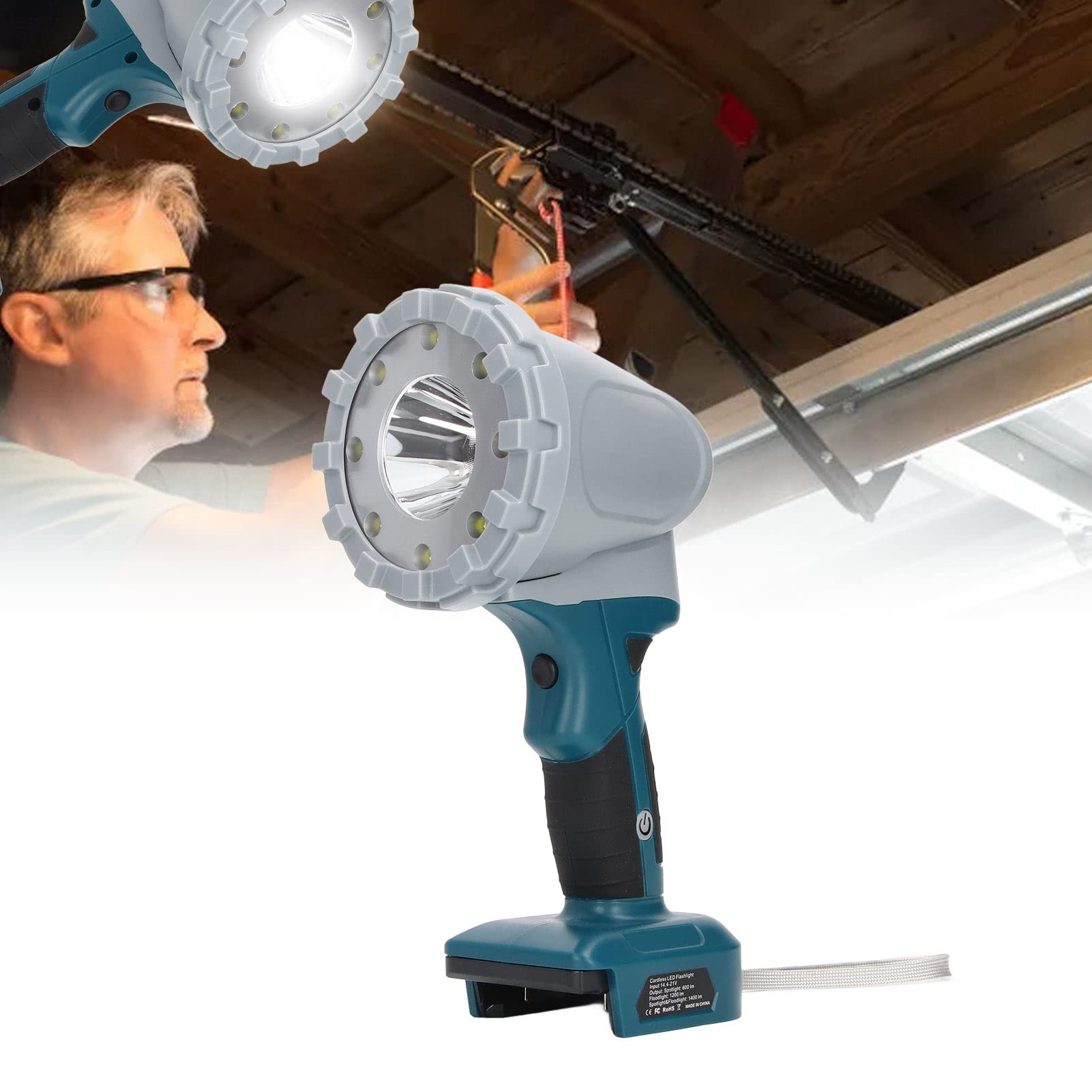 Kabellose LED-Arbeitsleuchte, 3 Beleuchtungsmodi, 600 Lm, 1200 Lm, 1400, 5000 K, IP65, Tragbare Arbeitsleuchte, Kompatibel mit 14,4–21 V Lithium-Batterie.
