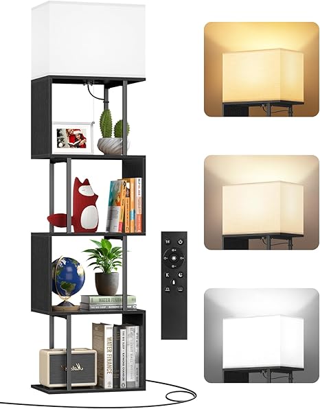 OUTONLIFE 5-Tier Floor Lamp with Shelves & Remote, Dimmable S-Shaped Bookshelf with 3 Color Temperature, 1-Hour Timer, Tall Corner Standing Lamp for Living Room, Bedroom, Office (Black)
