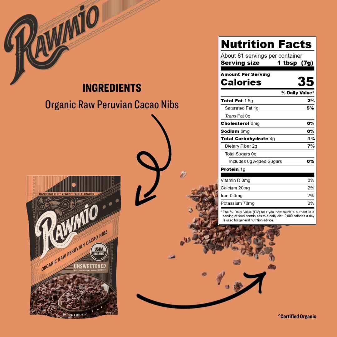 Rawmio Organic Cacao Nibs, 16 oz. - Raw, Vegan, Fair Trade, Kosher