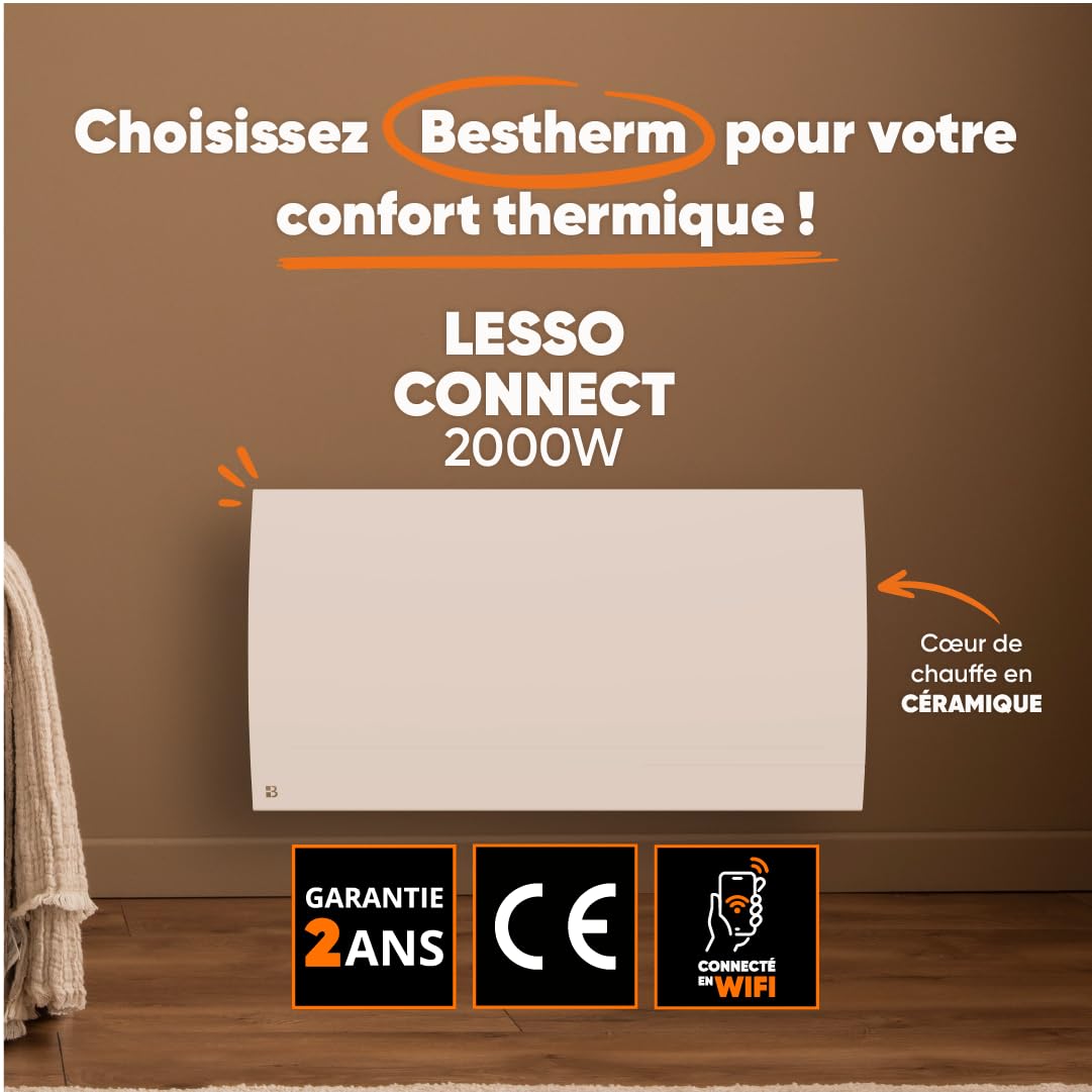 Radiateur électrique fixe connecté WIFI à inertie sèche céramique 2000W Bestherm LESSO CONNECT horizontal blanc