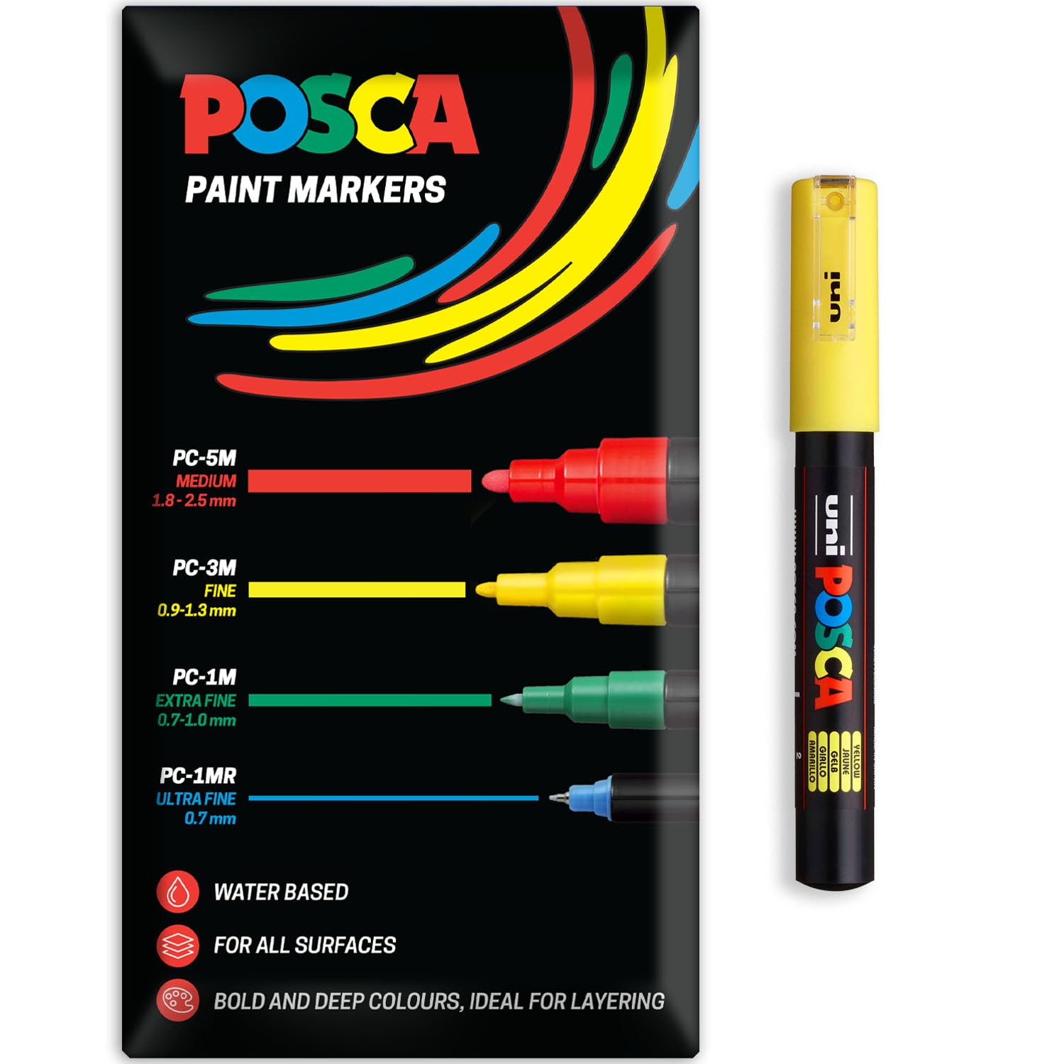 Posca Water Based Acrylic Paint Marker Pens | Multi Surface Use Permanent Paint Pen | Pack of 1 in Envelope Gift Packaging | Glass, Fabric, Canvas, Wood etc | PC-1M, Yellow