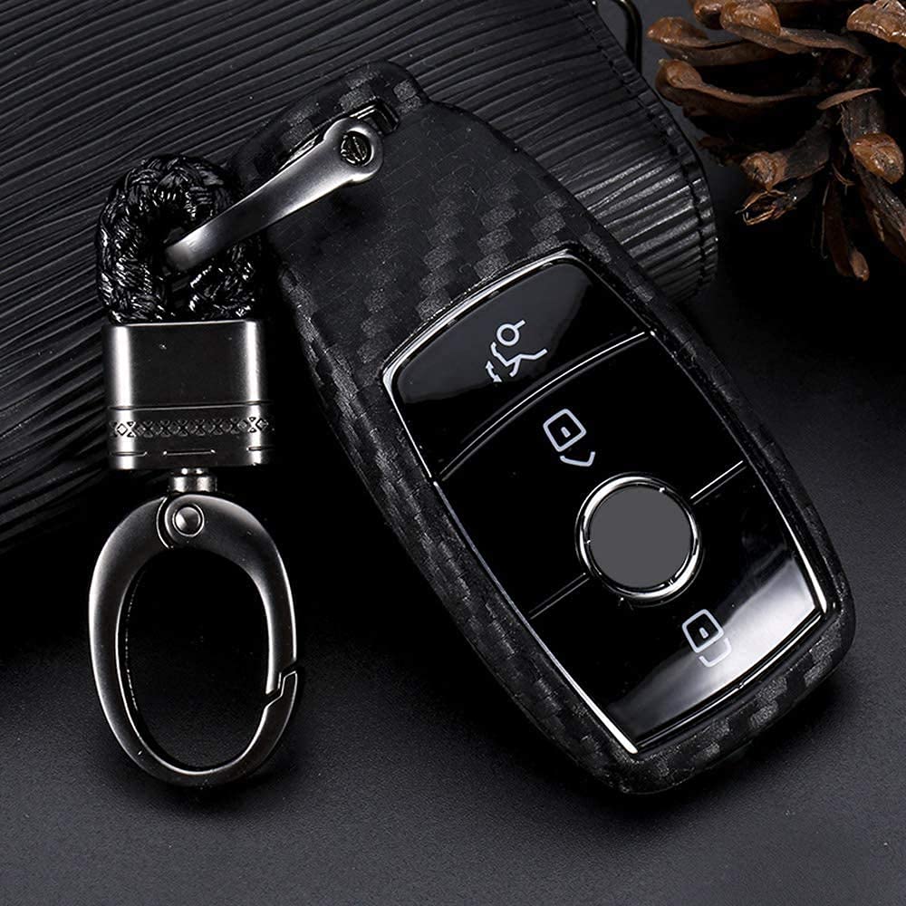 WazirianUAE Silicone carbon fiber catchy style smart keyless remote Key Fob case Cover For Mercedes-Benz E-Class S-Class W213 2016 2017 2018 2019 keychain (Benz new key)