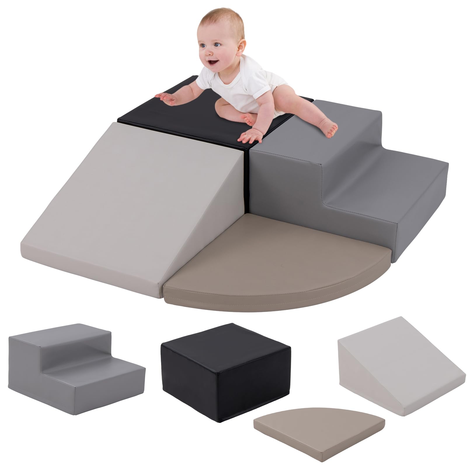 HONEY JOY Toddler Climbing Toys Indoor, 4-Piece Soft Climbing Foam Block Activity Play Structure, Gym Equipment for Child Development, Waterproof & Easy to Clean Climb and Crawl Playset, Gift (Gray)