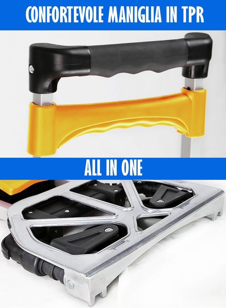 Hytama FOLD Shop Aluminium Transportkarre klappbar - Langer Teleskopgriff 100 cm - Ladefläche mit Anti-Rutsch-Pads - Leichtgängige Räder mit Soft-Laufflächen - inkl. 1 Expanderseilen
