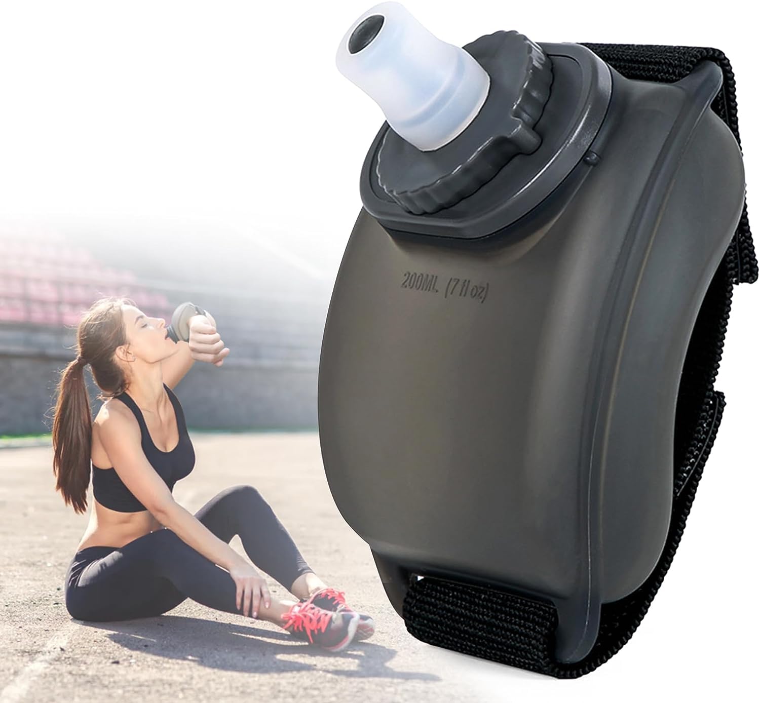 Goodern200ML Wrist Sports Water Bottle,Running Water Bottle Wearable HandsFree Silicone Portable Water Bottle with Adjustable Hand Strap for Hydration Morning Jogging Running Climbing Riding-Black
