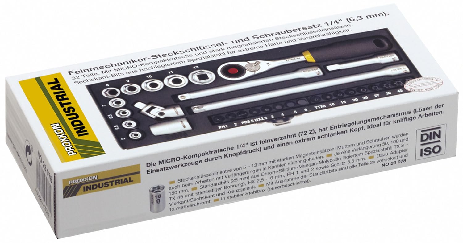 PROXXON 2223078 - Estuche mecánico de precisión 1/4" 32 pc, argento