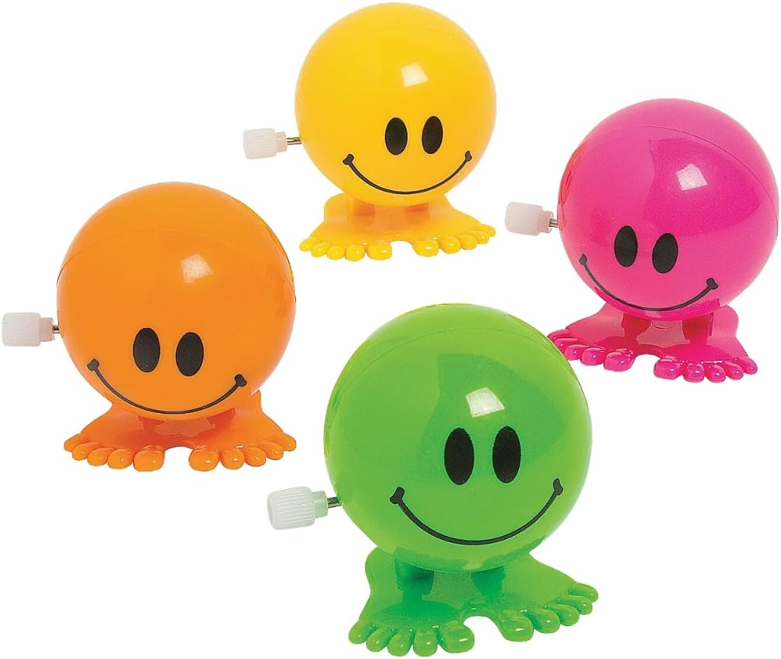 Fun Express Smile Face Hoppers Wind-Up Character Toys, 12 Pieces | Jumping Action, Paratrooper Hoppers for Kids, Colorful Toys, Perfect for Party Favors Prizes & Playtime