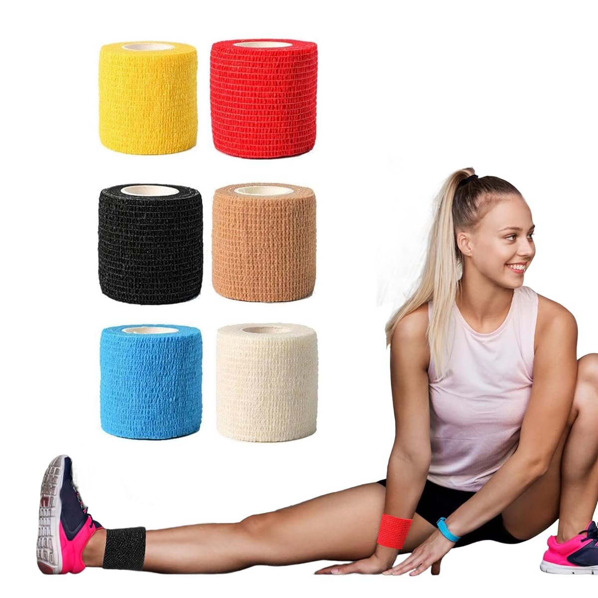 Goodern 6 Rolls 5cm x 4.5m Cohesive Bandage, Self-Adherent Non-Woven Elastic Tape, Water Repellent Breathable Wrap for Fingers, Pets, Sports - Mixed Color