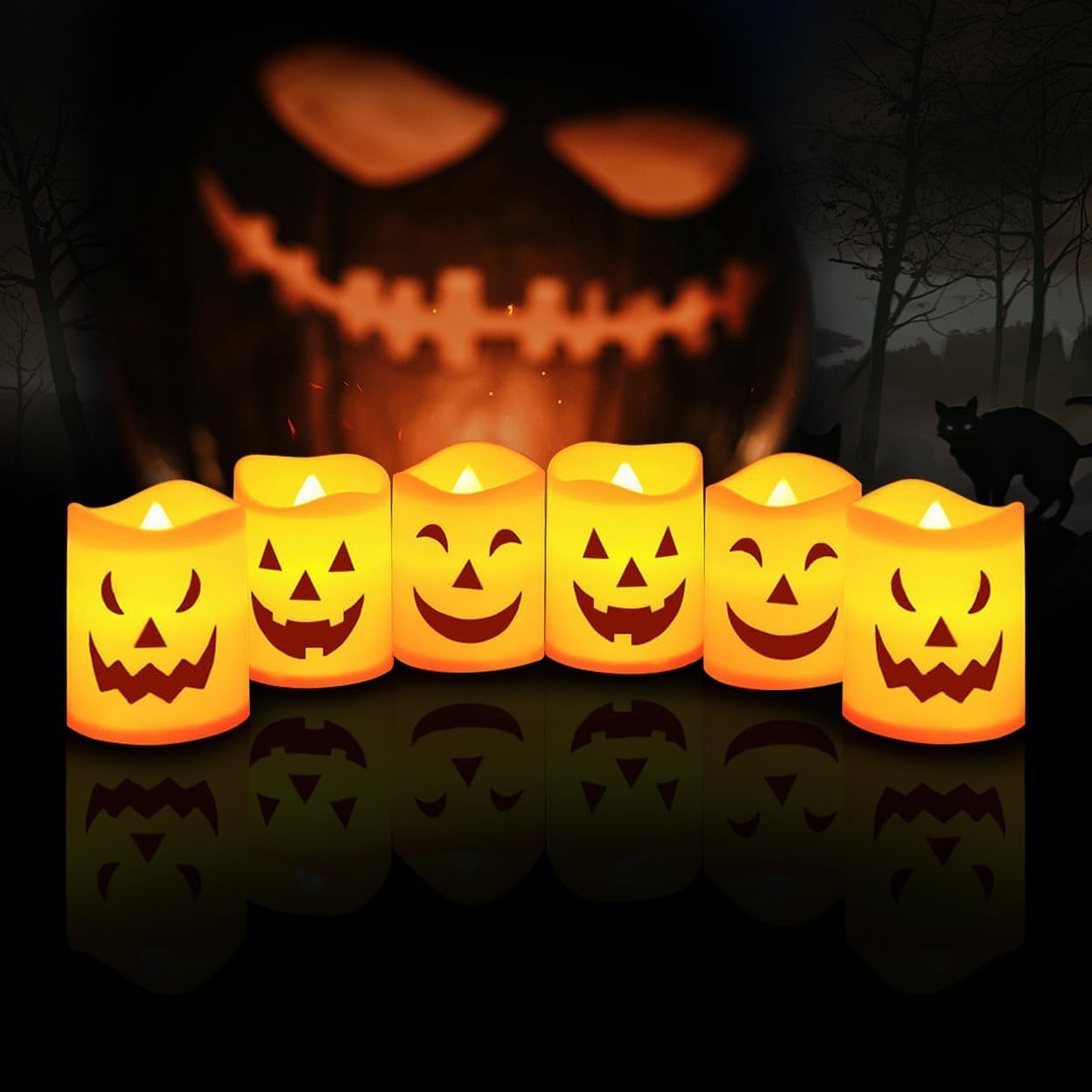 Halloween Flameless Votive Candles, Orange Battery Operated Candles, Tea Light Halloween Candle Decorations Indoor, Batteries Included (6 Pack, 1.37” x 1.77”)
