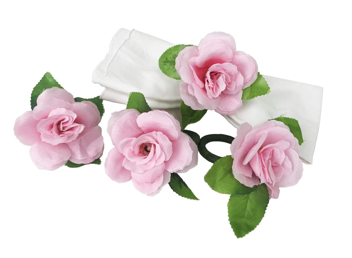 Fennco Styles Handmade Rose Decorative Napkin Rings, Set of 4 - Pink Flower Napkin Holders for Dining Table, Banquets, Wedding, Holiday Decor and Special Events