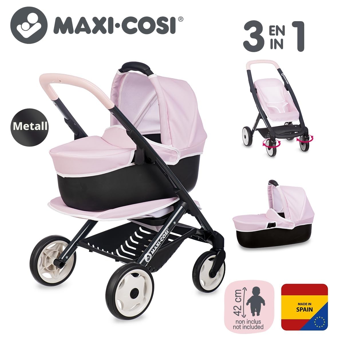 Smoby - Maxi-Cosi 3-in-1 Puppenwagen, Tragekorb + Buggy - für Puppen bis 42 cm (Nicht enthalten) - frei drehbare Vorderräder, Stauraumkorb - ab 3 Jahren - Stabiler Metallrahmen, produziert in Spanien