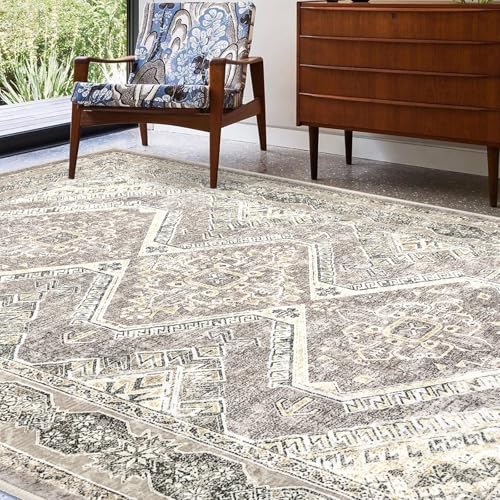 KUTA Living Room Rug 6x9 Ivory Grey Yellow, Vintage Washable Large Area Rugs 6ft x 9ft, Non-Slip Boho Printed Oriental Dining Room Carpet, Indoor Low-Pile Cozy Room Throw for Office Bedroom