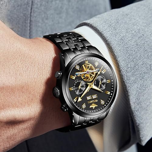 Miniatura 4 de OUPINKE Relojes Automáticos para Hombres Mecánicos Esqueleto Reloj de Vestir de Lujo para Hombre Acero de Tungsteno Resistente al Agua Luminoso