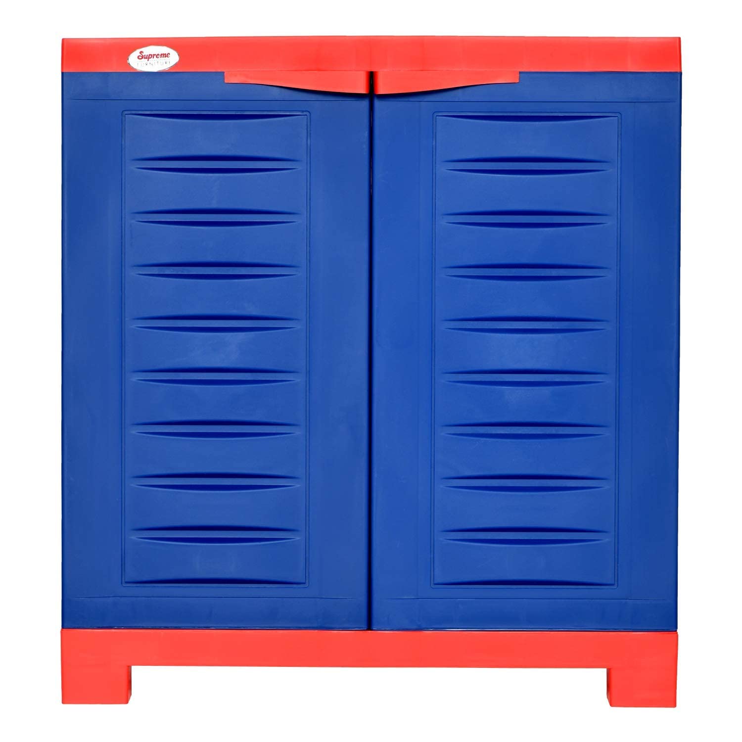 supreme furniture fusion 01 plastic multipurpose cupboard, 2 door storage cabinet with adjustable shelf, red and blue