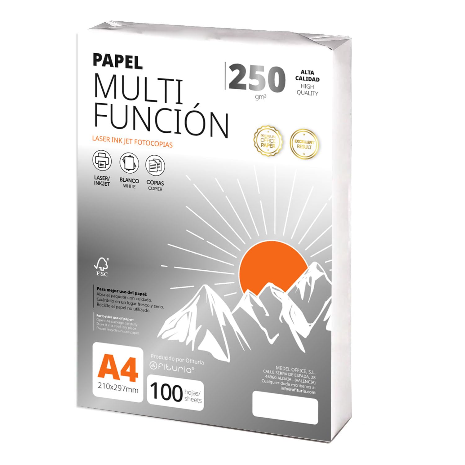 Folios A4 250 g 100 Sheets Multi-Purpose Printer Paper Sheets for Laser and Injection Printers Photocopier Office School Equipment Pack of Folios OFITURIA (250g, 100h)