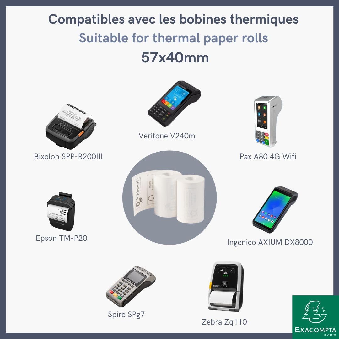 Exacompta 44809E - Caja de 50 bobinas económicas para tarjeta bancaria (57 x 35 mm, papel térmico 44 g/m2, sin BPA, color blanco