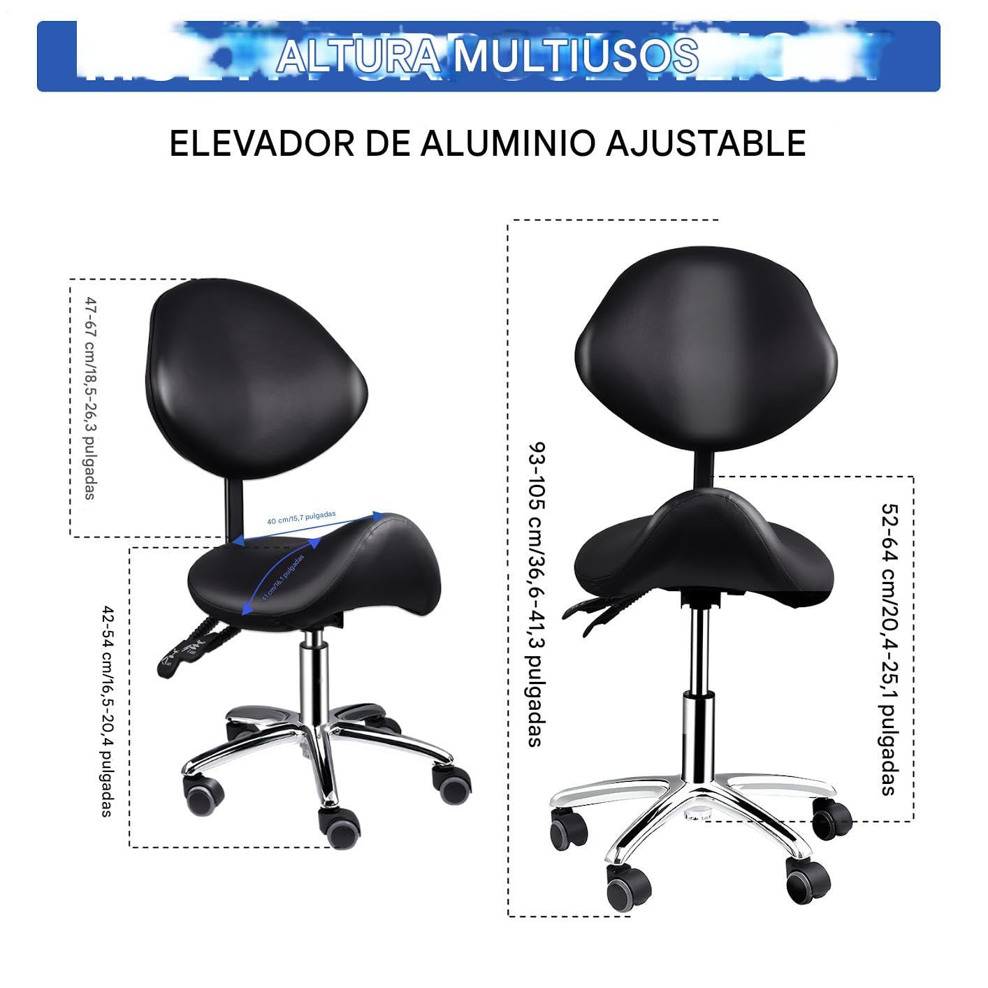 Genérico Taburete Tipo Silla De Montar con Respaldo, Taburete con Ruedas, Taburetes Giratorio con Ruedas, Ta-burete De Trabajo De Altura Ajustable, Taburetes De Cocina, Spas Y Clínicas, 93-105 Cm