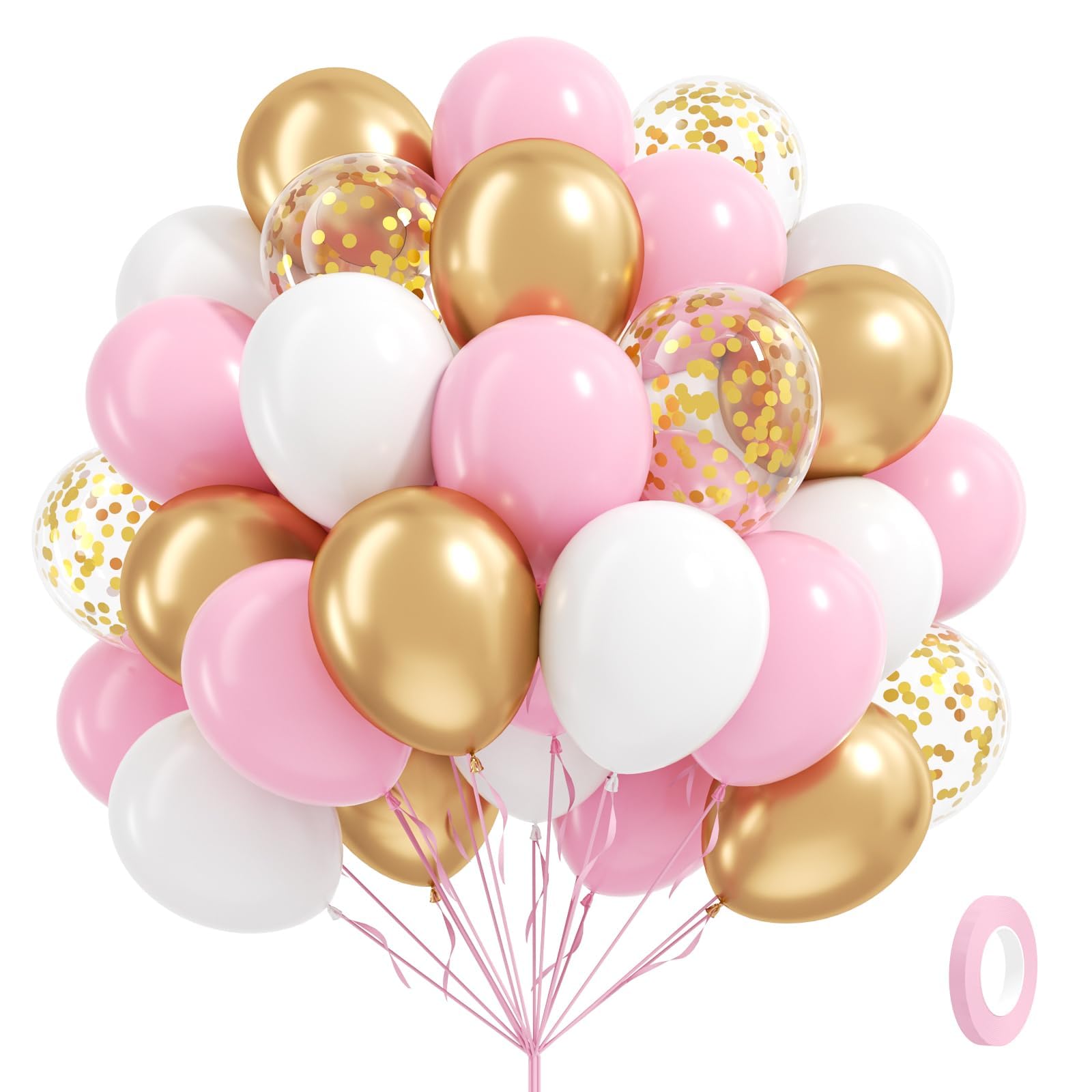 60pcs Pink and Gold Balloons 12inch, Pink and White Balloon with Metallic Gold Confetti Balloons for Baby Shower Wedding Birthday Party Decorations