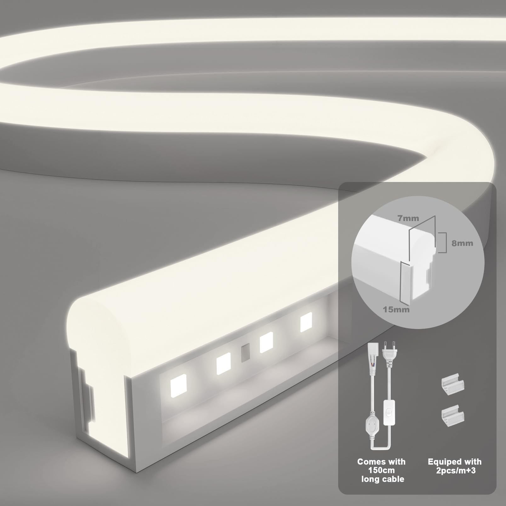 KSIBNW Striscia LED 220v 30 Metri Neon Impermeabile, Bianco Caldo Flessibile Luce LED Neon IP65 120 led/m Illuminazione per Camera da letto, Bar, Sala Giochi, Compleanno,con Adattatore e Controller