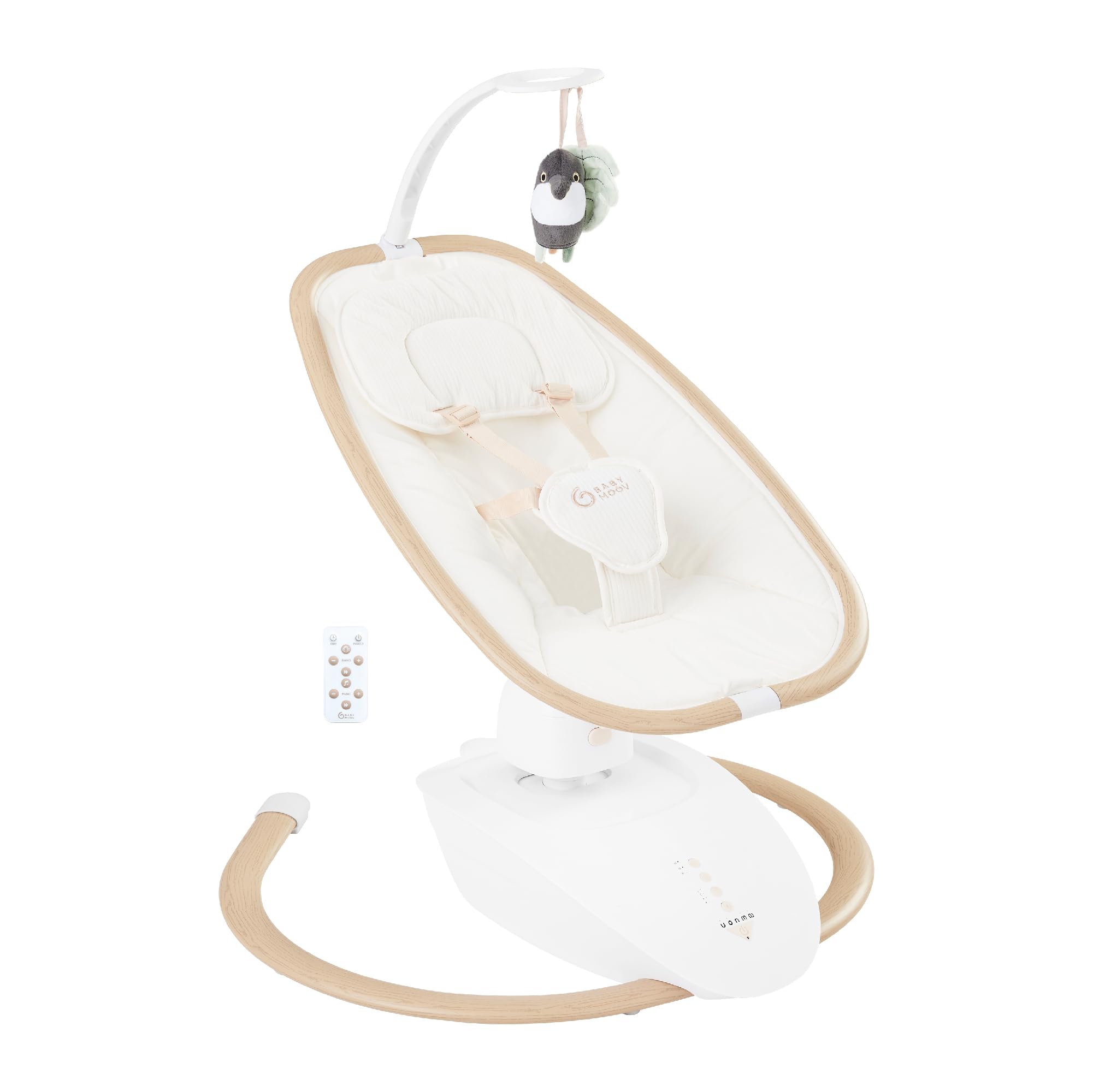 Babymoov Balancelle bébé Electrique Swoon Hoop, Télécommande Incluse, Design Epuré, Assise Rotative 90°, Confortable, 5 Mouvements de Bercement, Programmable, 8 Berceuses, Arche de Jeux Incluse, Sand