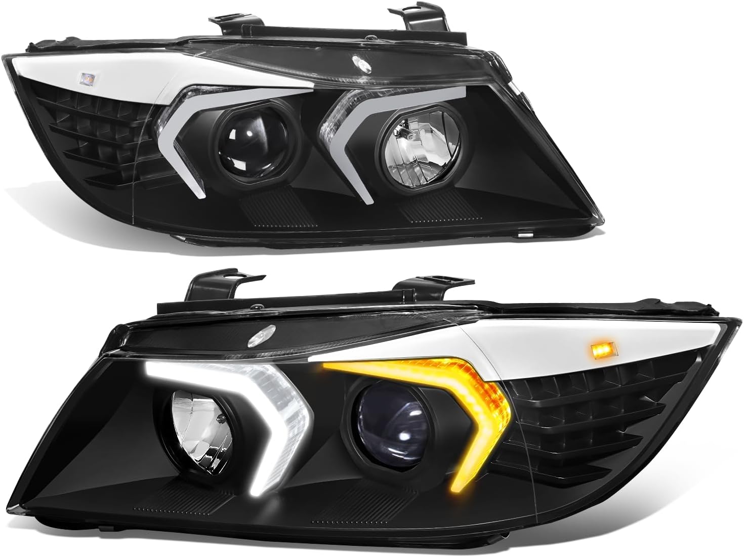 Auto Dynasty LED DRL Headlights Assembly Compatible with 2009-2012 BMW E90 320i 323i 325i 335i 335d 328i 4-Dr Sedan, Left and Right Side, 3D Switchback LED Daytime Running Light Bar, Black Housing