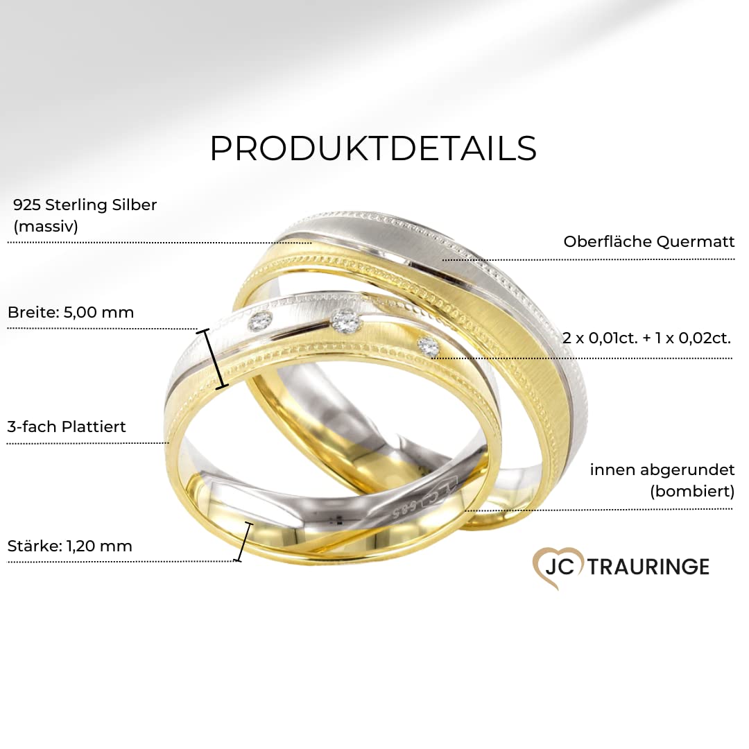JC Trauringe Paaringe Silber 925 vergoldet Paarpreis I Ehering breit 5 mm I Partnerringe günstig mit Gravur I 2 Hochzeitsringe Verlobungsring | Damenring mit Steinen I P122