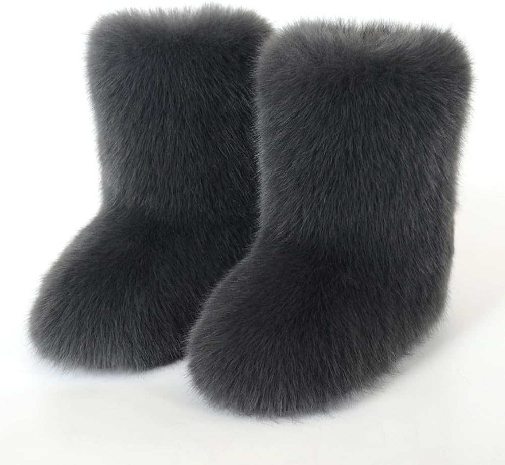 Women's Faux Fur Boot Furry Fluffy Round Toe Suede Snow Winter Women Boots Flat Heel Comfy Plush Warm Snow Booties