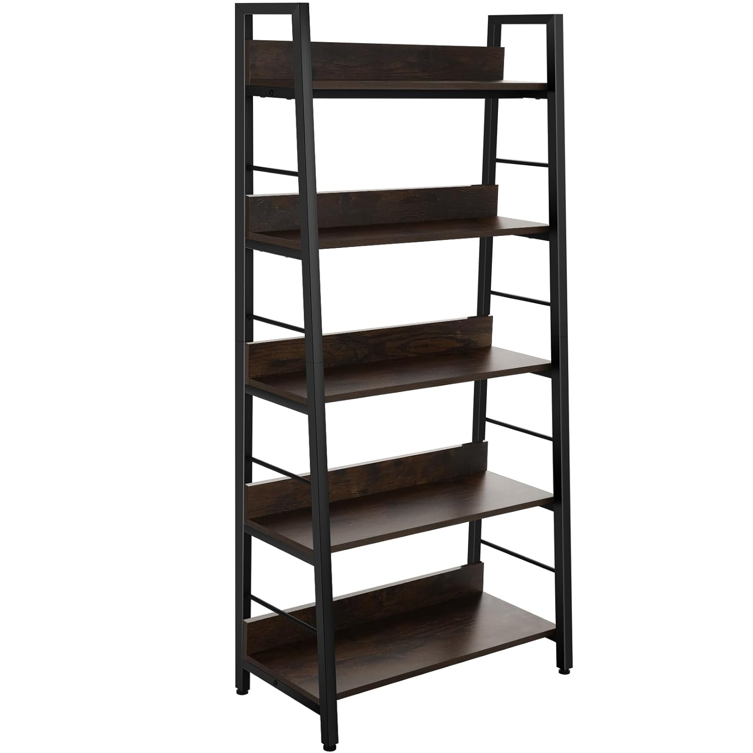 BATHWA 5 Tier Book Shelf Rustic Industrial Ladder Bookshelf Wood Metal Dark Brown Farmhouse 28 Wide 59Tall Ladder