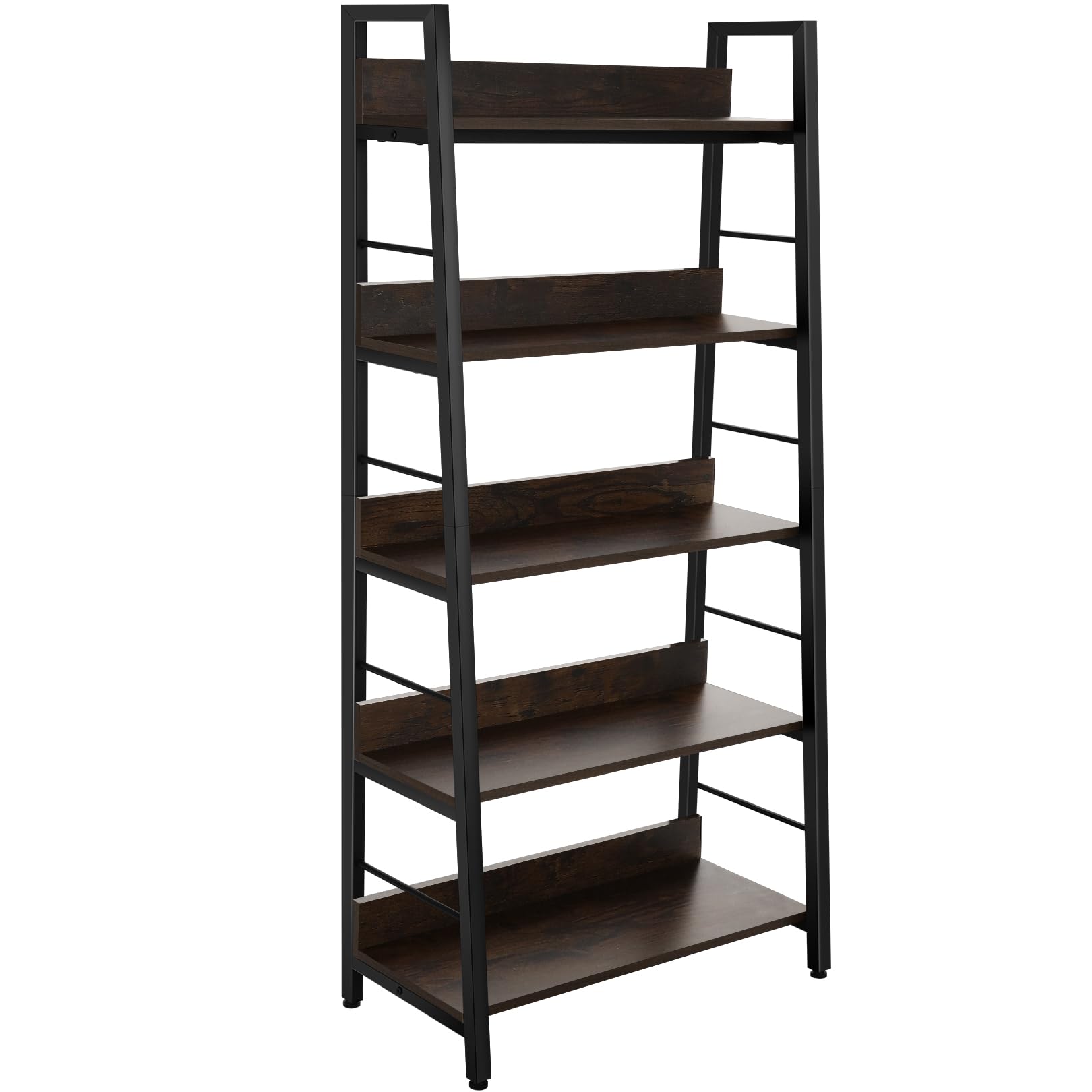 BATHWA 5 Tier Book Shelf, Rustic Industrial Ladder Bookshelf Wood Metal, Dark Brown Farmhouse 28'' Wide 59''Tall Ladder Shelf Living Room, Bedroom,