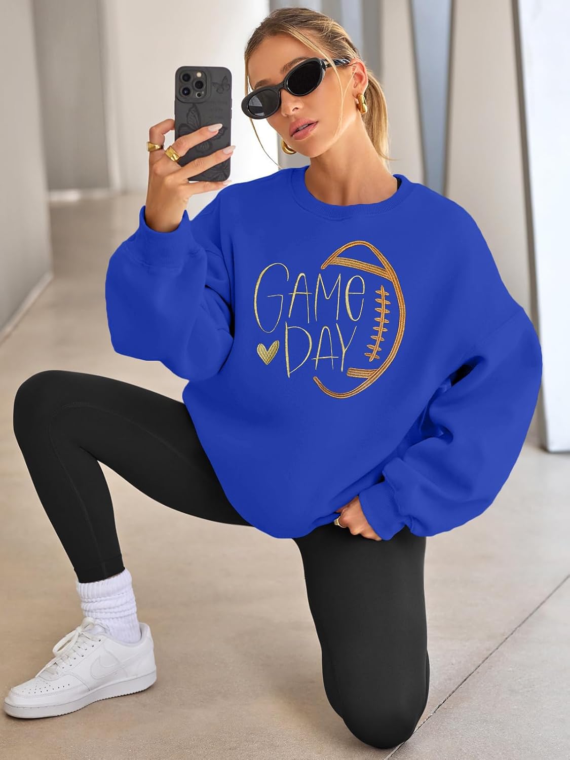 VVNTY Game Day Sweatshirts for Women: Embroidered Football Long Sleeve Shirt Oversized Football Mom Crewneck Pullover - Image 3