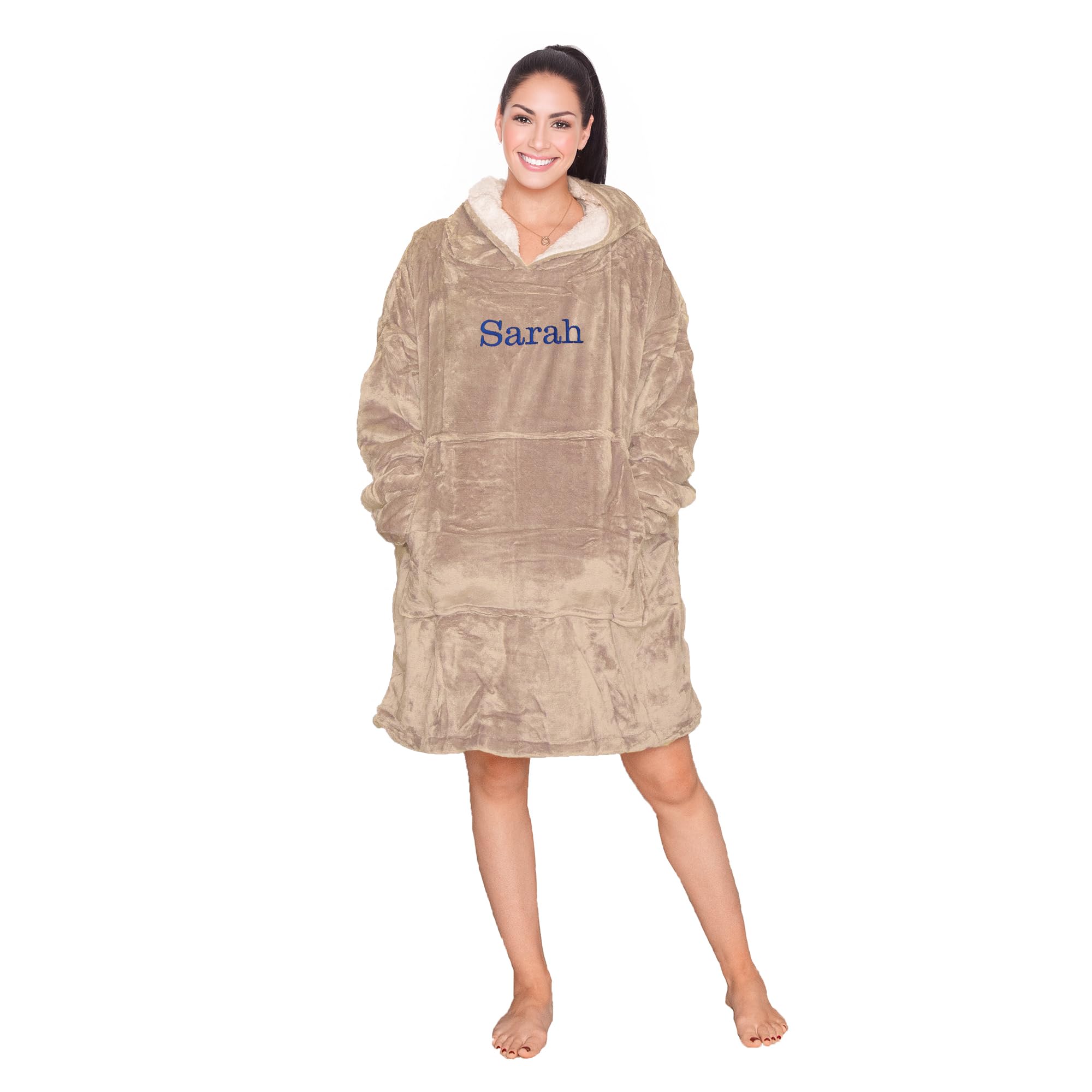 Aztex Unisex Taupe Personalised Oversized Sherpa Hoodie, One Size, Wearable Blanket,