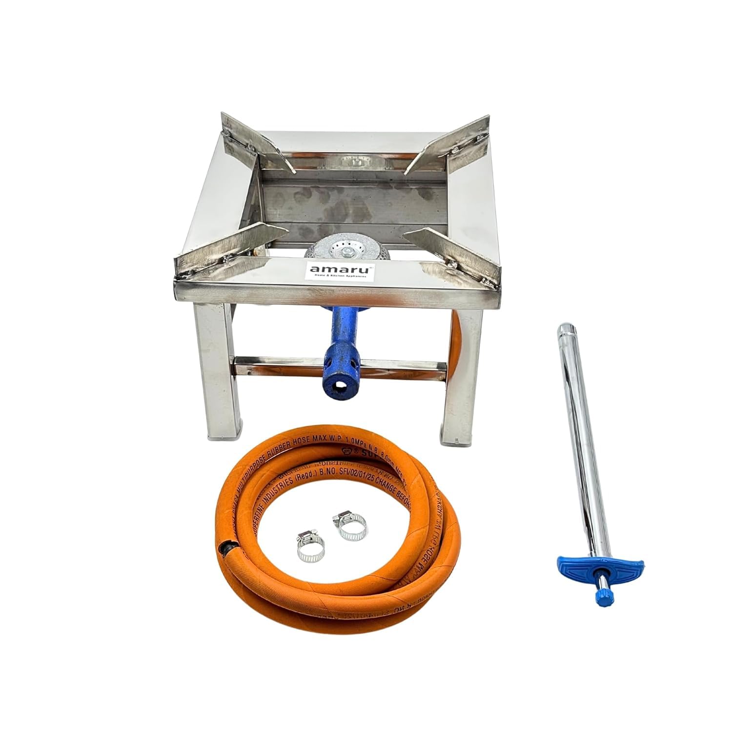 Amaru Single Burner Stainless Steel Square Chulha Canteen Bhatti Commercial Gas Stove Manual (Small-10Wx10Lx8H)