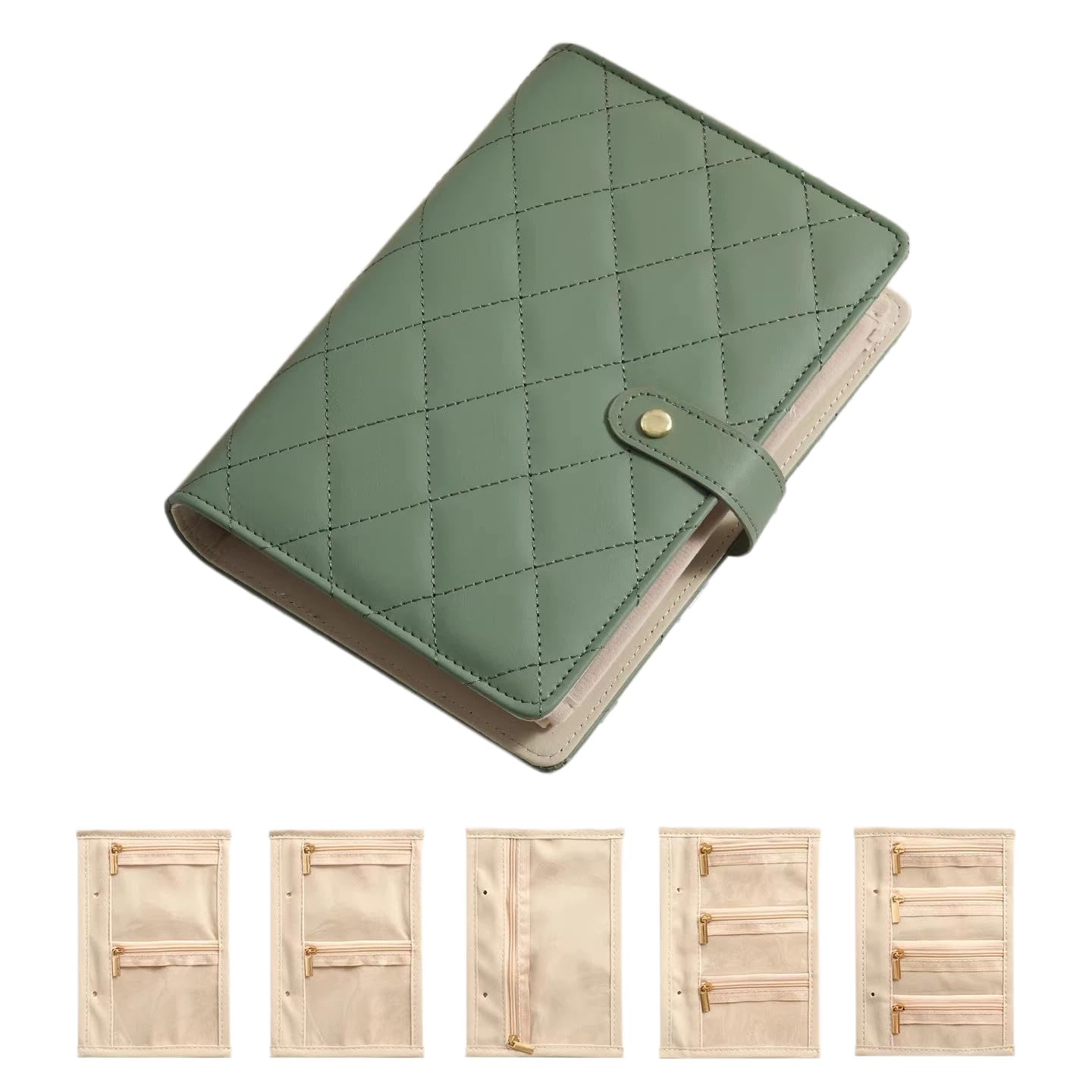 JIANAIYANGIWQ Travel Jewelry Notebook, Portable Jewelry Travel Case with 5 Detachable Velvet Zipper Pouches, Faux Leather Binder Organizer for Rings, Earrings, Necklaces, Bracelets(Matcha Green)