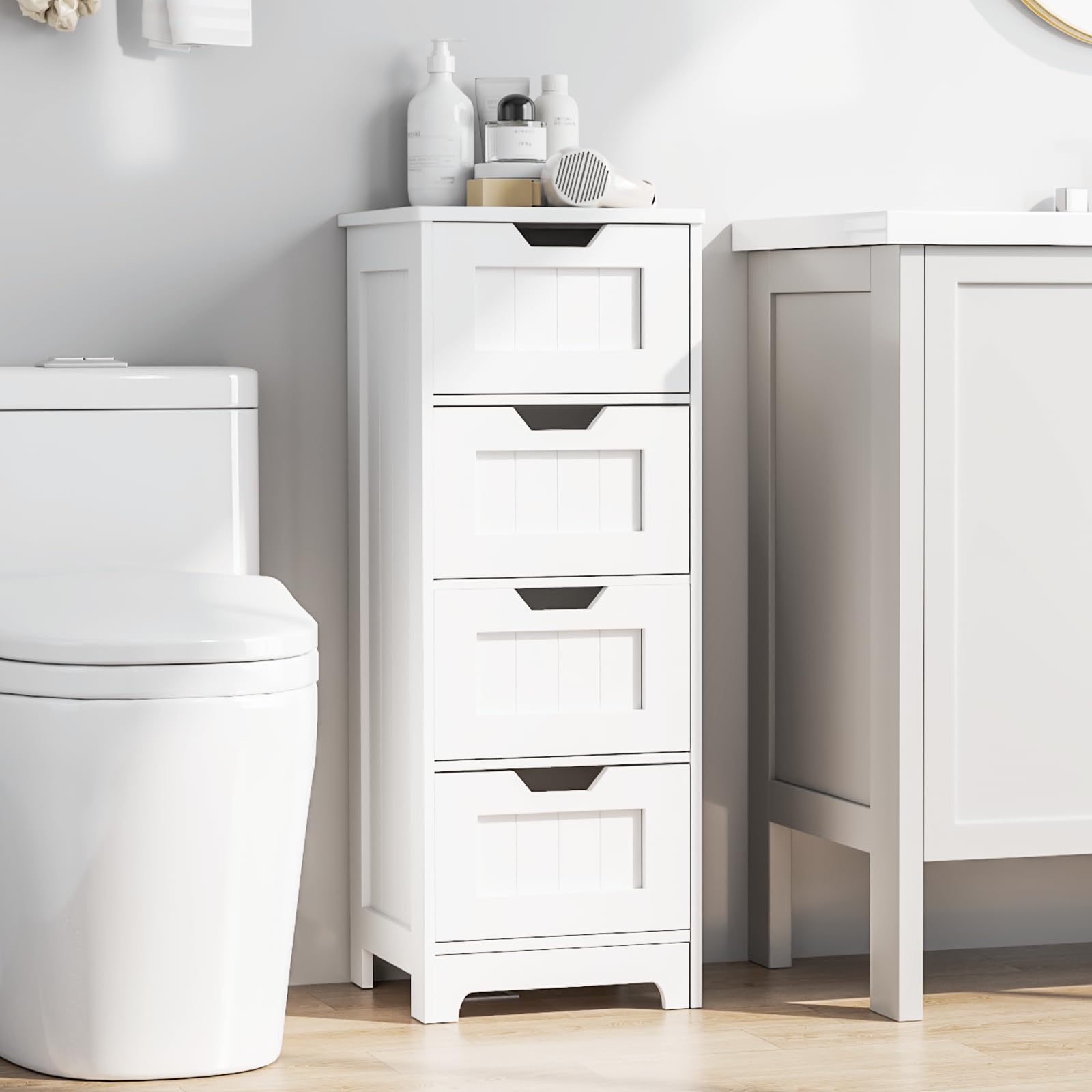 RLRO Slim Bathroom Storage Cabinet with 4 Drawers, Narrow White Freestanding Bathroom Floor Cabinet – Ideal for Small Spaces, Linen, and Towel Storage