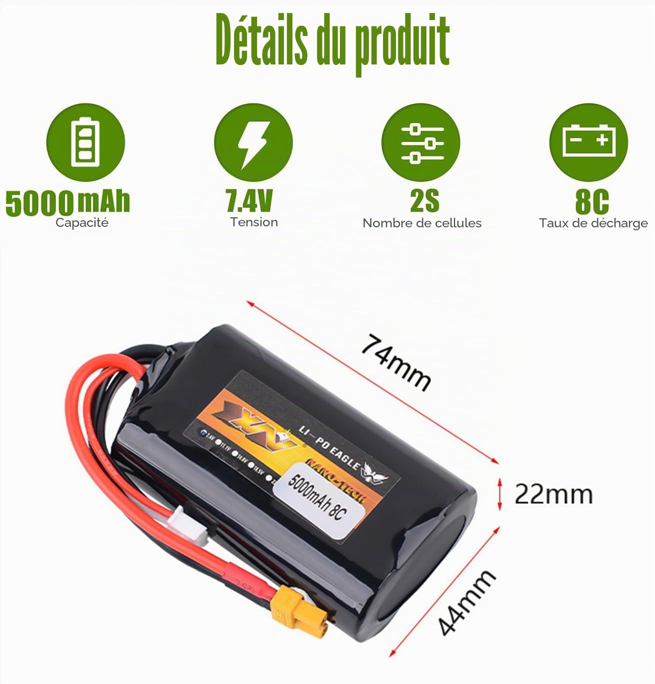 Batterie Lipo rechargeable 7,4 V 5000 mAh 2S Lot de batteries de rechange 8C XT30 avec chargeur USB pour radiomaster TX12 T14 T15 TX16S TX18S T18PRO émetteur RC jouets