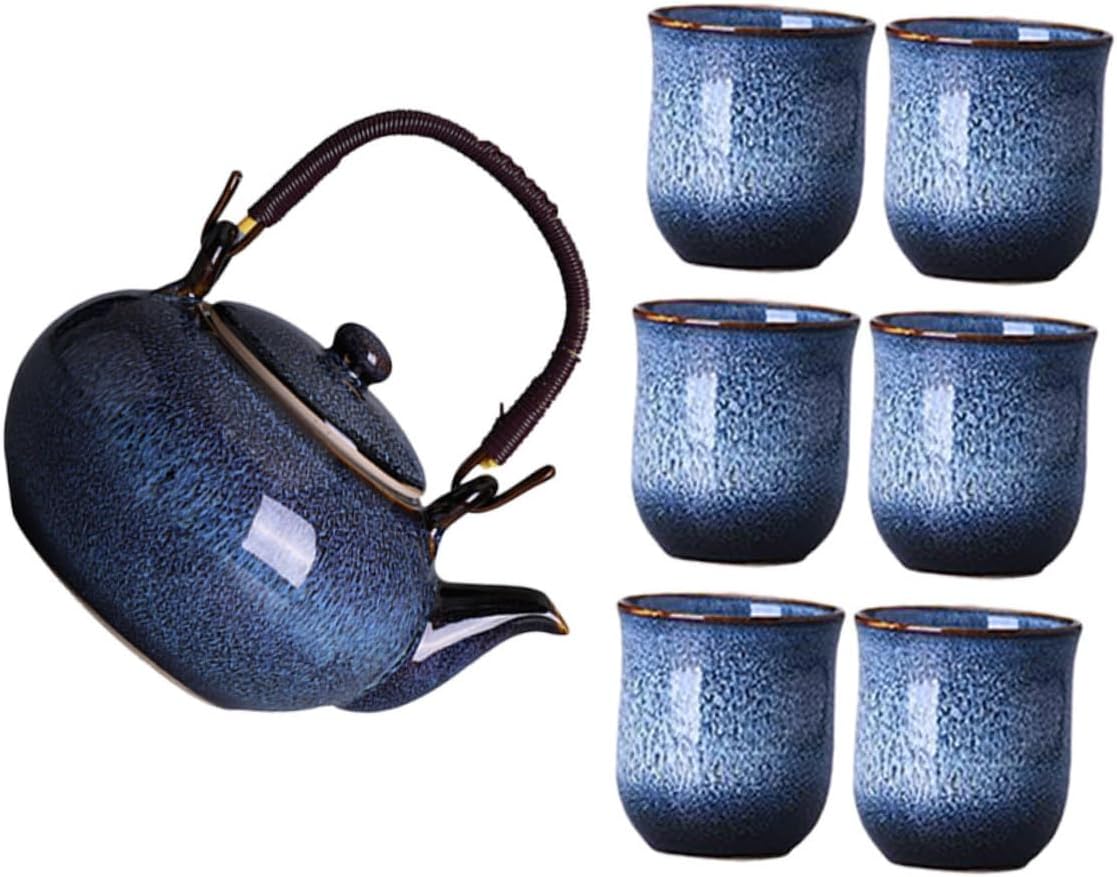 Chinese Kung Fu Tea Set 1 Pot 6 Porcelain Cups 800ml Ceramic Teapot with Handle Kiln-glazed Blue Portable Tea Set for Travel Family Gatherings and Home Use