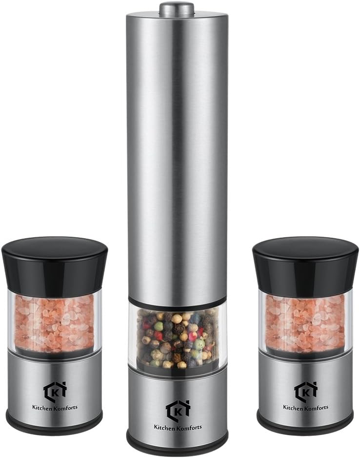 3 Piece Electric Salt and Pepper Grinder Set, Kitchen Komforts 3 In 1 Adjustable Grinder Set, Stainless Steel Salt and Pepper Mills, One Touch Operation