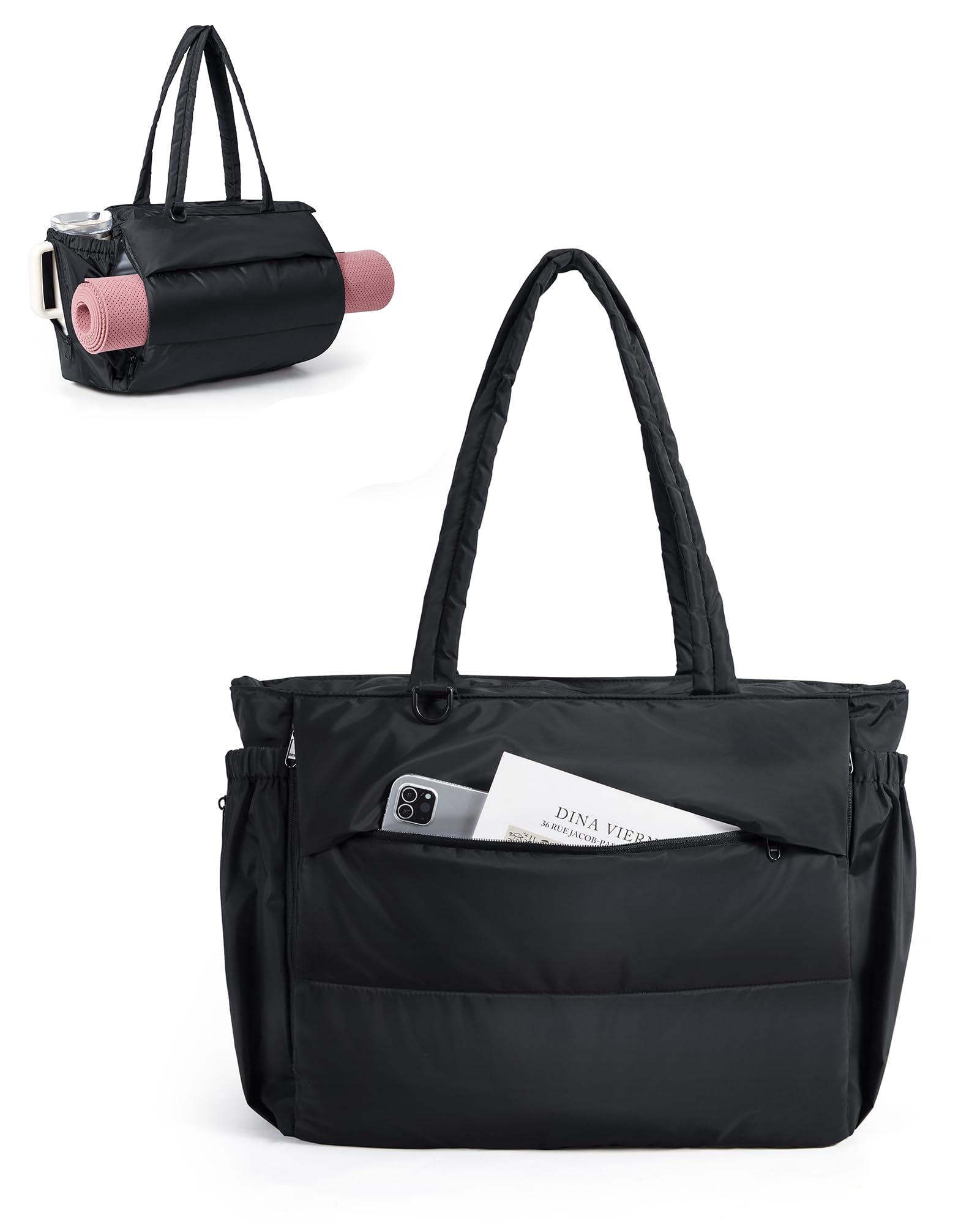 bagsmart Puffer Handtasche Damen Groß Sporttasche Yogatasche mit Nassfach | 22L Shopper Tasche mit Nass-/Trockenfach&Laptopfach&Yogamattenfach, Leicht Tote Bag für Reisen Fitness Yoga Büro Schule