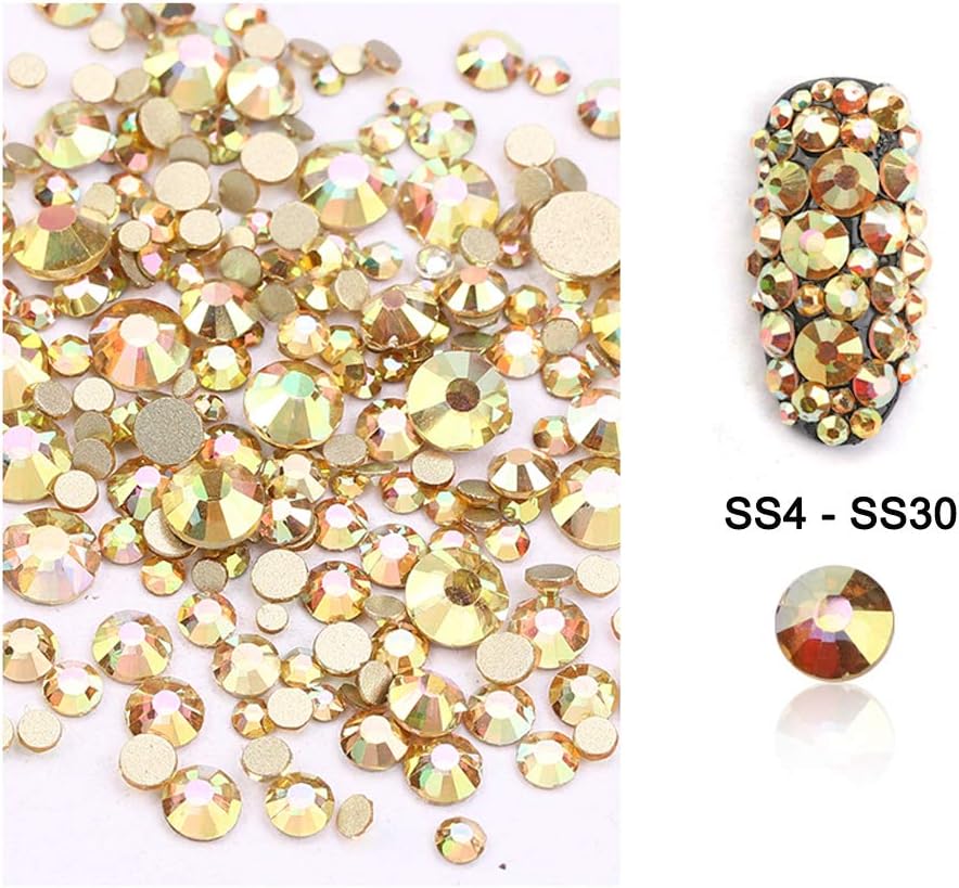 Dowarm 2650 Pieces Glue Fix Glass Flat Back Crystal Rhinestones Round Gems, 6 Sizes 1.5mm - 6.5mm, Non Hotfix Flatback Crystals Loose Gemstones for Crafts Nail Face Art Clothes (Metal Sunlight/Gold) : Beauty & Personal Care
