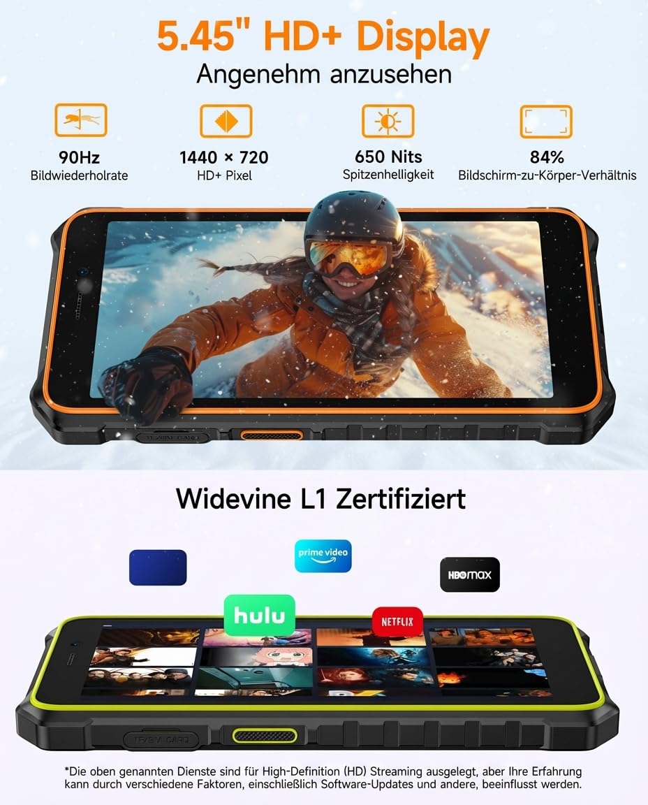 Ulefone Rugking 2 Pro Telephone Portable Incassable Android 16, 10Go+128Go/TF-2To, Octa-Core 5.45'' Corning Glas Téléphone Incassable Petit 4550mAh, Caméra 13MP, AI Smartphone IP69K/NFC/Face ID
