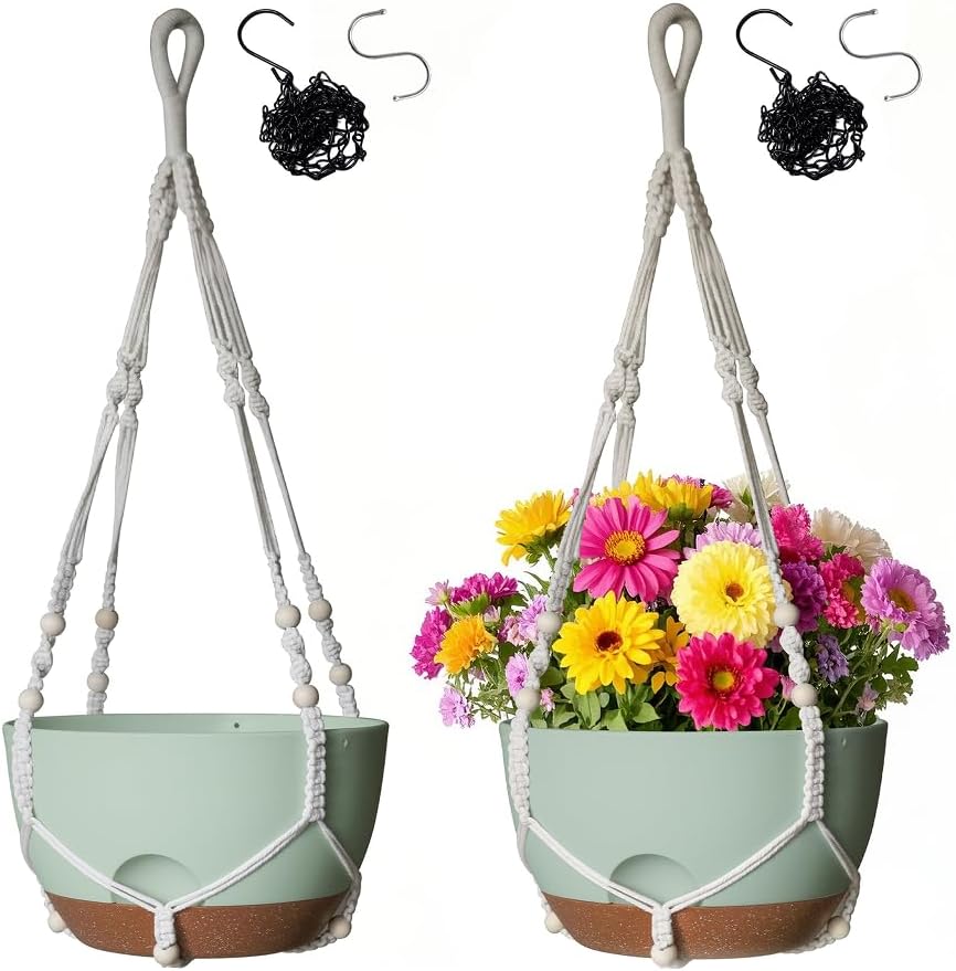 12 Inch Hanging Baskets for Plants Outdoor, Hanging Planters for Indoor Outdoor Plants, Hanging Planter with Self Watering, Hanging Flower Pots (Black Planter with Macrame + Iron Hangers)