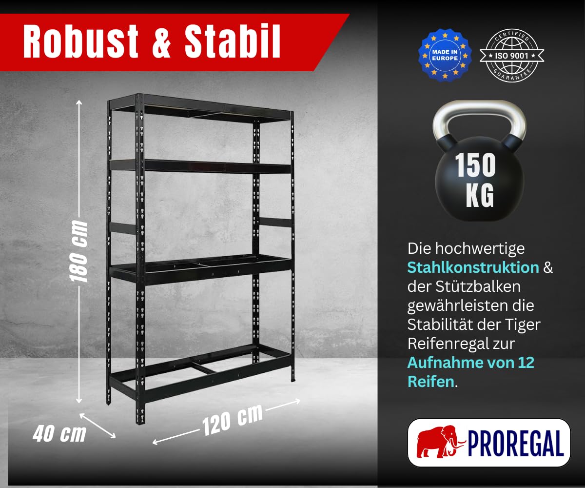 PROREGAL Reifenregal Tiger | HxBxT 180x120x40 cm | bis zu 12 Reifen auf 2 Ebene + 2 Ablagen | Schwarz | Werkstattregal, Lagerregal, Kellerregal