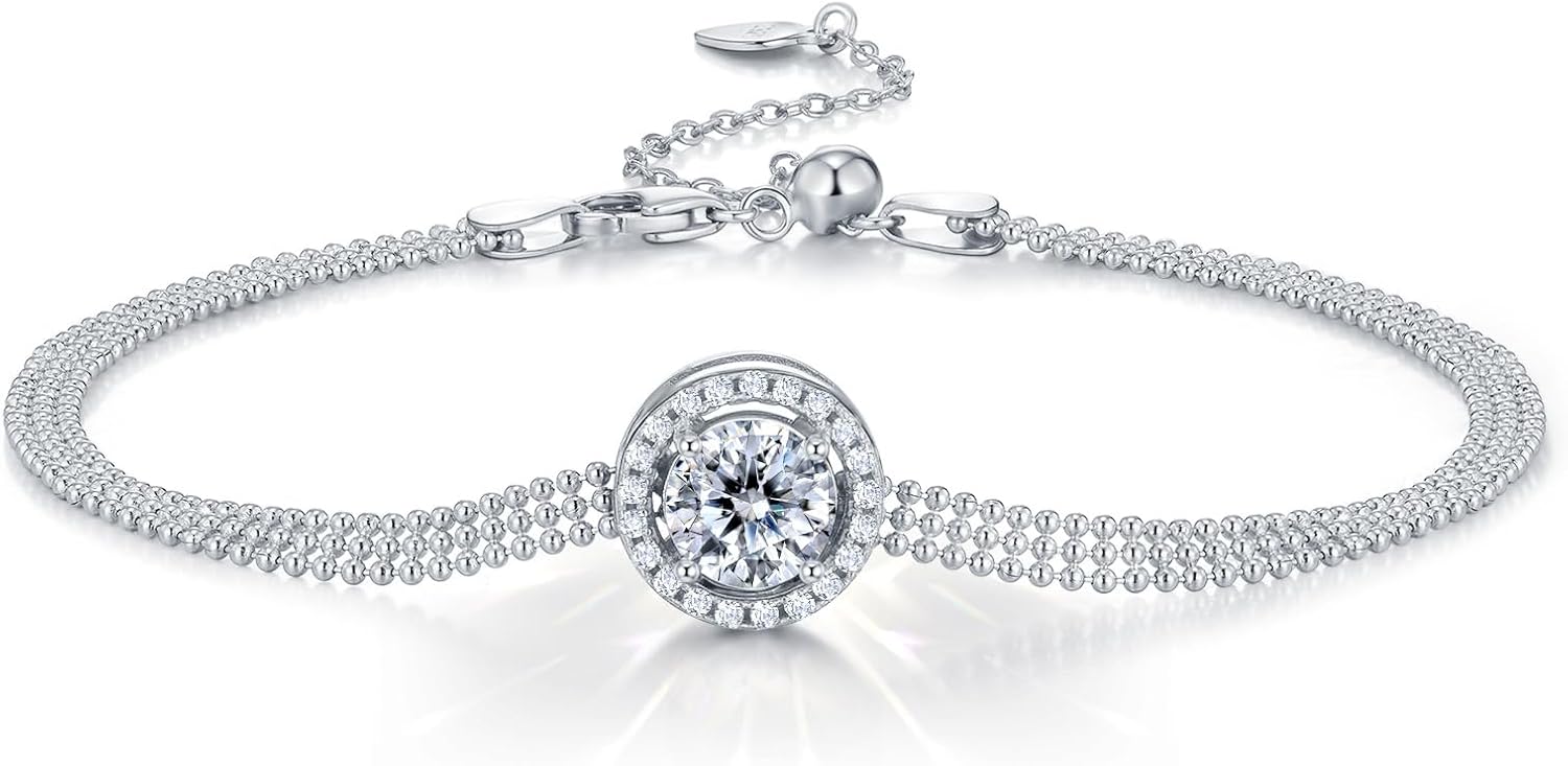 1CT Brilliant Moissanite Hand Bracelet for Women D Color VVS1 S925 Sterling Silver 18K White Gold Plated Link Chain Jewelry for Mother Love Friend Mother’s Day Birthday Gift for Her 7+2inch