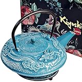 Large Cast Iron Tea Kettle Set - 40oz/1200ml Japanese Teapot with Infuser & Matching Trivet - Tetsubin Iron Tea Pot Japanese Style with Enamel Interior - Handcrafted Dragon Teapot Humidifier - Blue